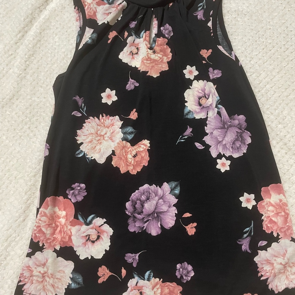 Suzy Shier Black Floral Tank Top with Pink and Purple Blooms